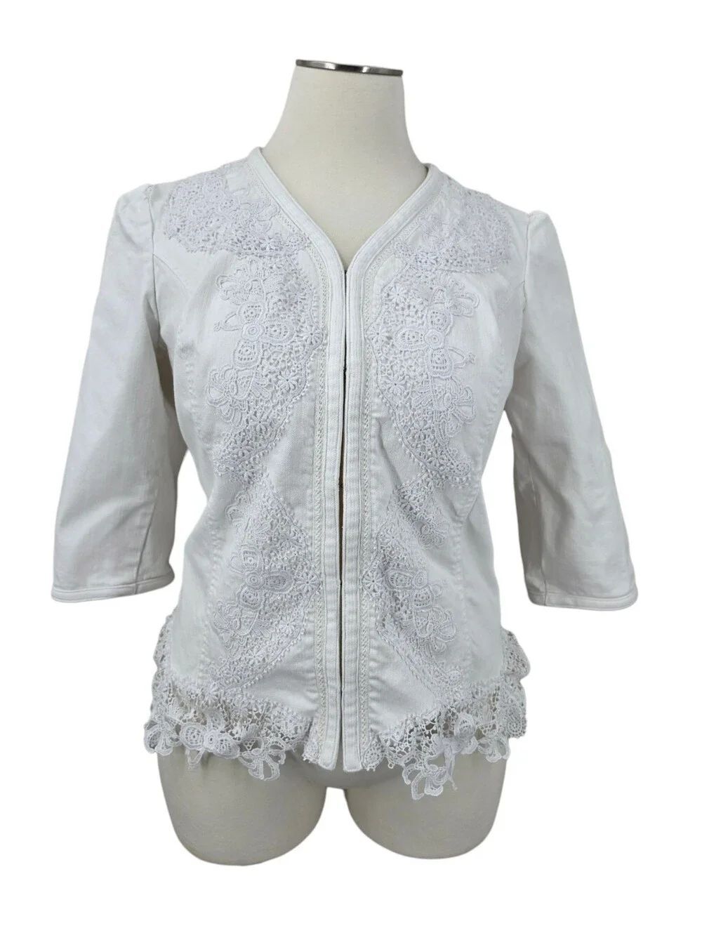 Lauren Ralph Lauren White Denim Jacket with Crochet Lace-Trim Women's Plus Size